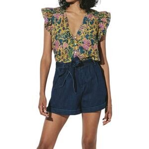 Cleobella Chloe Flutter Sleeve Button Down Floral Cotton Blouse Size Small